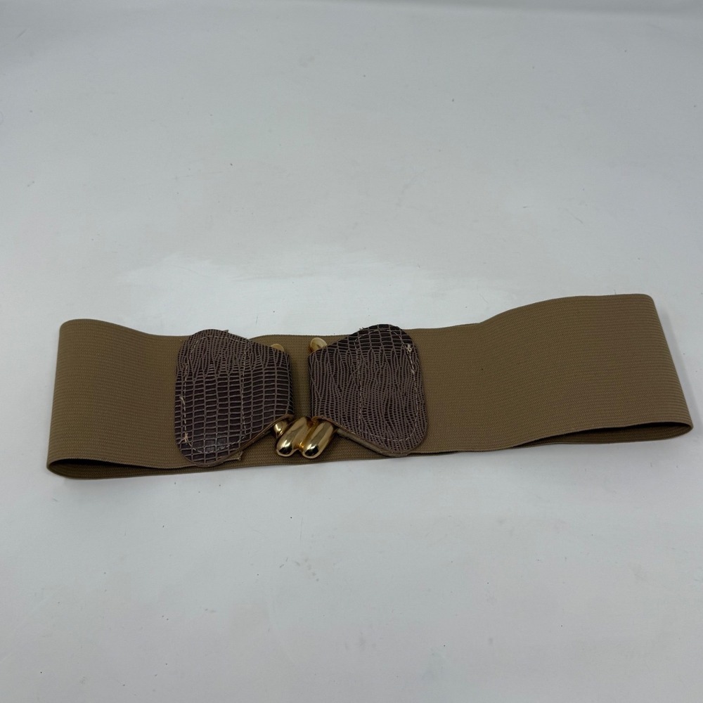 Womens Wide Elastic Cinch Belt Tan Brown Faux Reptile Gold Interlocking Buckle
